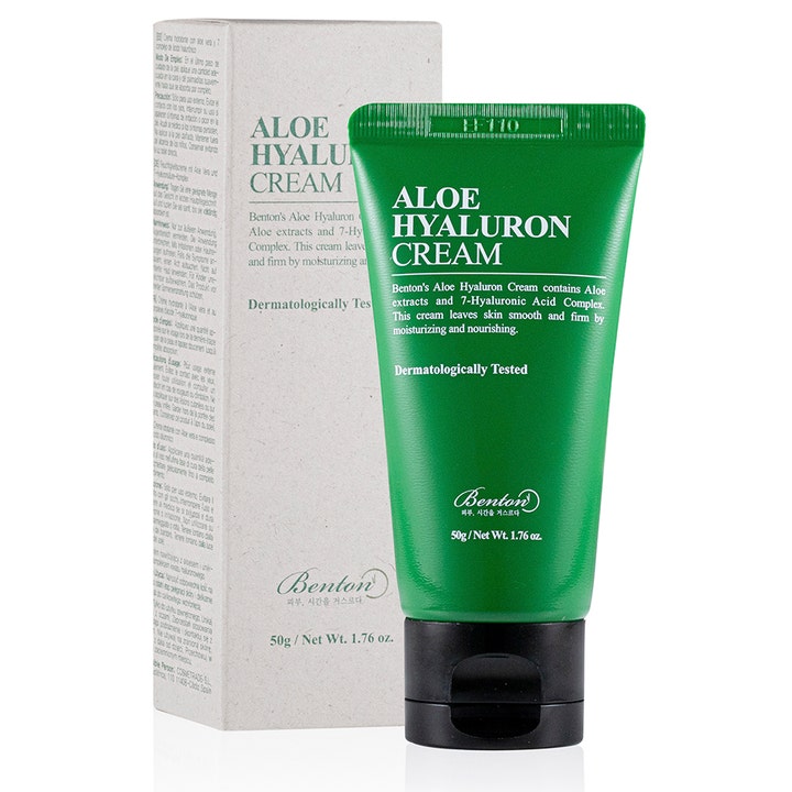 Benton Aloe Hyaluron Cream 50g fuktighetskrem i grønn tube som gir fukt med aloe vera og hyaluronsyre