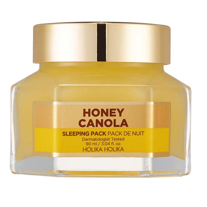 Holika Holika Honey Canola Sleeping Pack 90 ml pleiende nattmaske som gir fukt i sekskantet glasskrukke med gullokk
