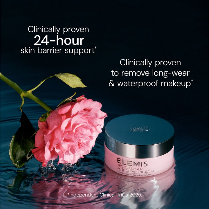 Elemis Pro-Collagen Rose Cleansing Balm 105 g fjerner vannfast sminke og støtter hudbarrieren i rosa krukke.