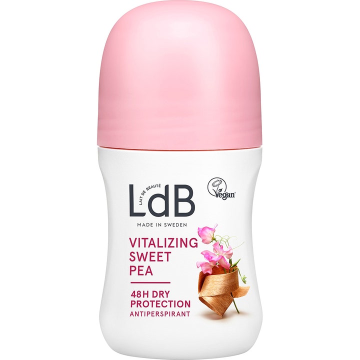 LdB Vitalizing Sweet Pea 60 ml vegansk antiperspirant gir 48 timers beskyttelse i hvit flaske med lyserosa kork