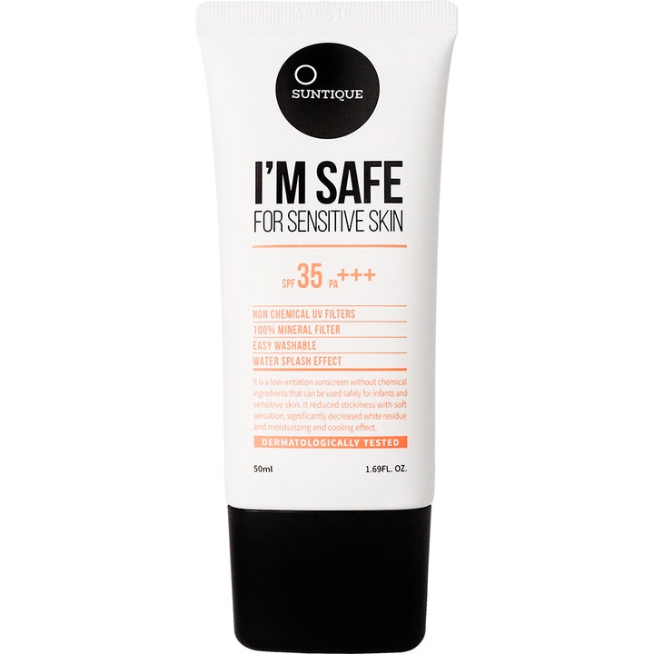 Suntique I'm Safe For Sensitive Skin 50ml solkrem som beroliger sensitiv hud i hvit tube med mineralfilter og svart kork