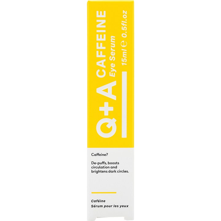 Q+A Caffeine Eye Serum 15ml øyeserum som reduserer mørke ringer i en gul og hvit ytteremballasje.