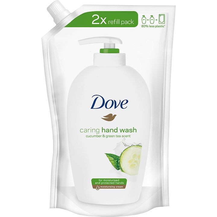 Dove Caring Hand Wash 500 ml fuktighetsgivende håndsåpe i hvit refillpose med motiv av agurk og grønn te
