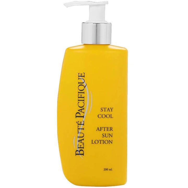 Beauté Pacifique Stay Cool After Sun Lotion 200 ml kjølende fuktighetskrem i gul flaske med hvit og sølv pumpe