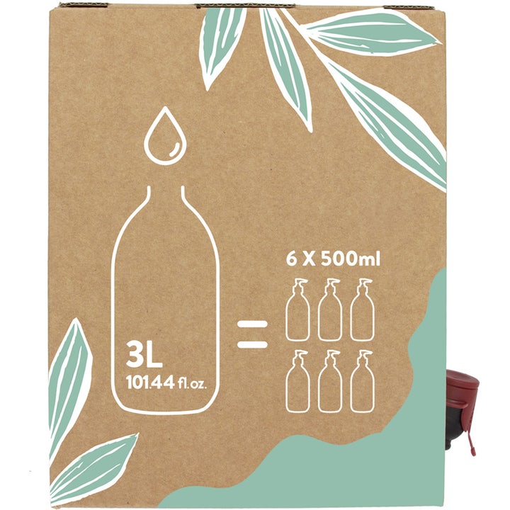 Compagnie de Provence Liquid Marseille Soap Refill 3000 ml flytende håndsåpe i brun pappeske med grafikk av seks flasker