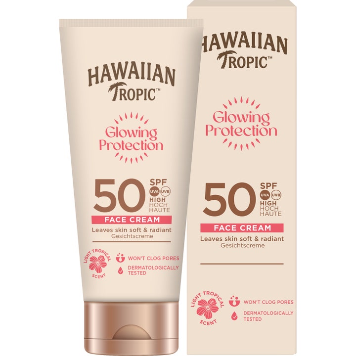 Hawaiian Tropic Glowing Protection Face Lotion 50 ml solkrem ansikt med solfaktor 50 i beige tube og eske