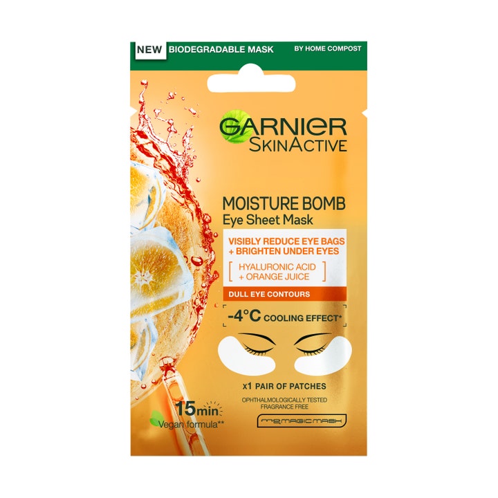 Garnier SkinActive Moisture Bomb Eye Sheet Mask 1 par gir glød i oransje pakning med appelsinskiver og isbiter.