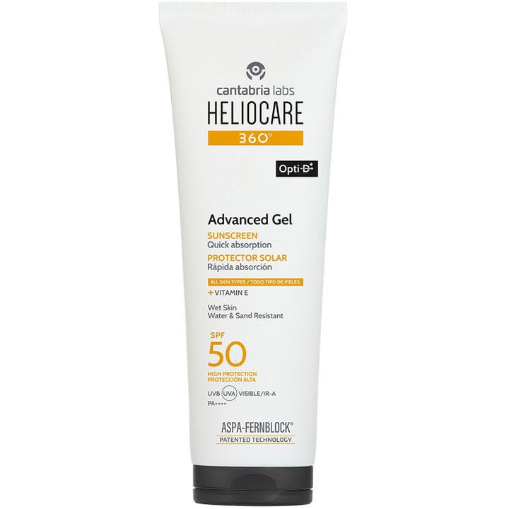 Heliocare 360 Advanced Gel 200 ml solbeskyttelse med SPF 50 gir fuktighet i en hvit tube med sort lokk.