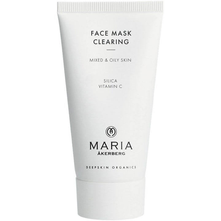 Maria Åkerberg Face Mask Clearing rengjørende ansiktsmaske i hvit tube for fet hud med silica og vitamin C.