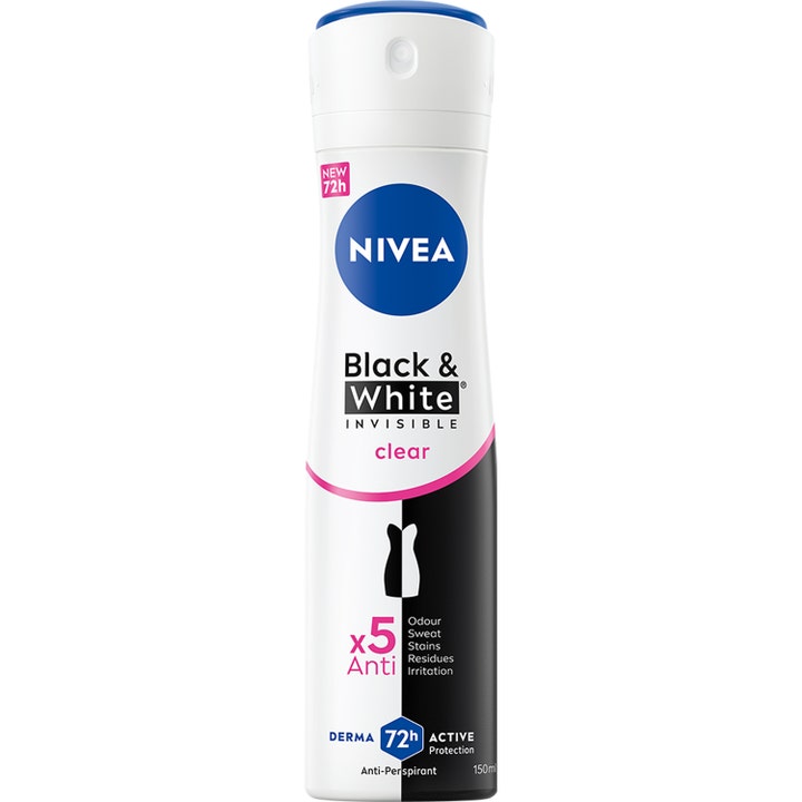 Nivea Black & White Invisible Clear 150 ml anti-perspirant gir 72t beskyttelse i hvit sprayflaske med blått lokk.