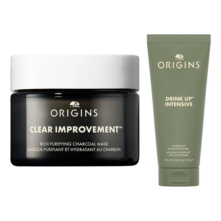 Origins Clear Improvement og Drink Up 75 ml ansiktsmasker i mørk krukke og grønn tube som renser og gir fuktighet