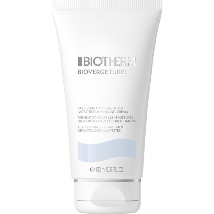 Biotherm Biovergetures 150 ml gelkrem mot strekkmerker i hvit tube med sølvskrift og en lyseblå bølge.