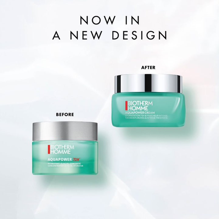Biotherm Aquapower 72H Gel-Cream 50 ml fuktighetsgivende dagkrem i grønne krukker som viser gammelt og nytt design