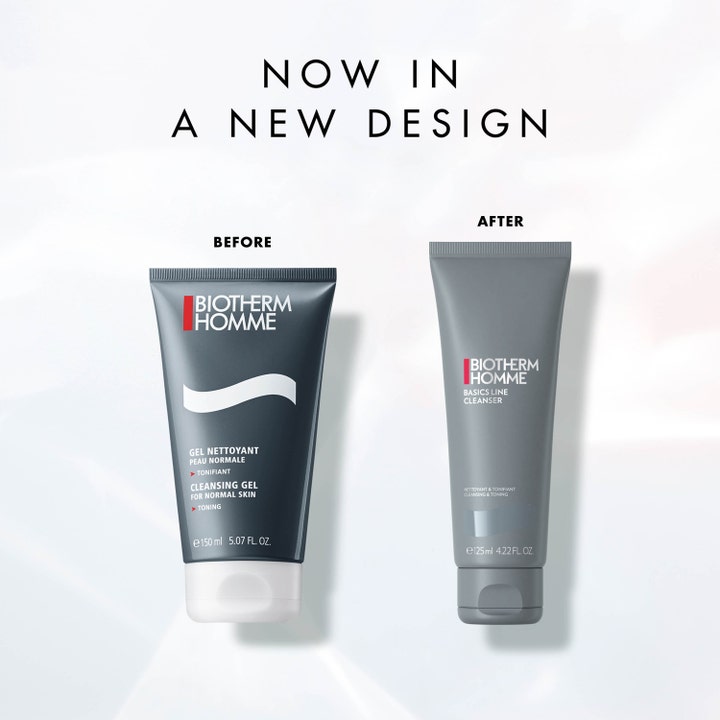 Biotherm Homme Cleansing Gel 125 ml ansiktsrengjøring som toner huden vist i både nytt og gammelt grått design.