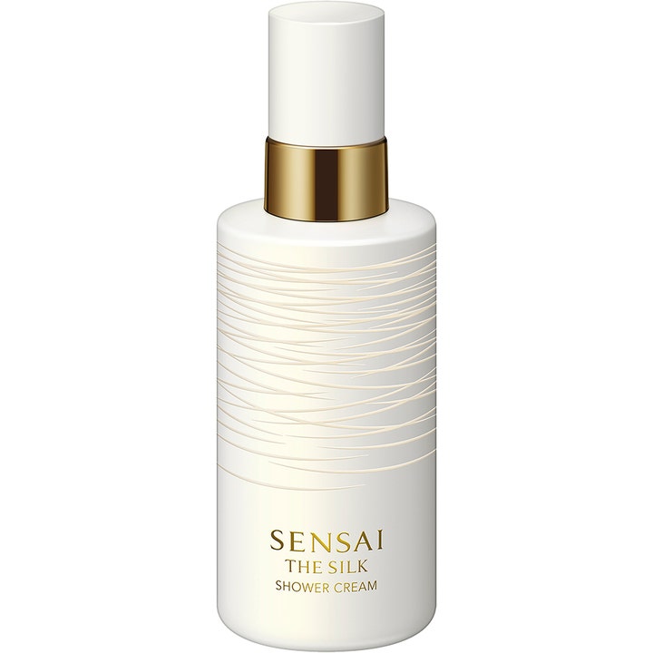 Sensai The Silk Shower Cream 200 ml pleiende dusjkrem i hvit flaske med gullfarget bånd og bølgete mønster