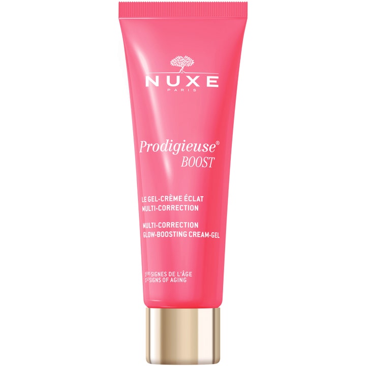 Nuxe Prodigieuse Boost Glow-Boosting Cream-Gel gir naturlig glød i en klar rosa tube med gullfarget kork.