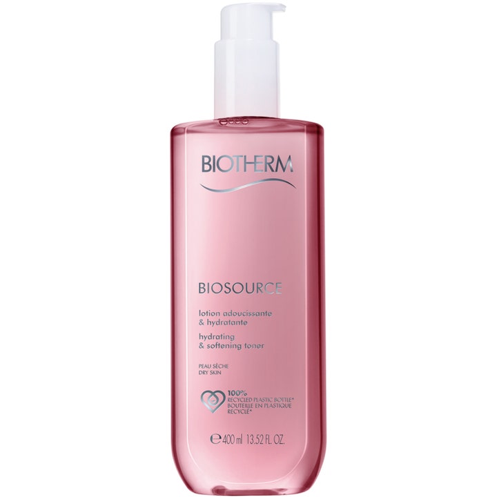 Biotherm Biosource Hydrating & Softening Toner 400 ml fuktgivende ansiktsvann i rosa gjennomsiktig flaske med pumpe.