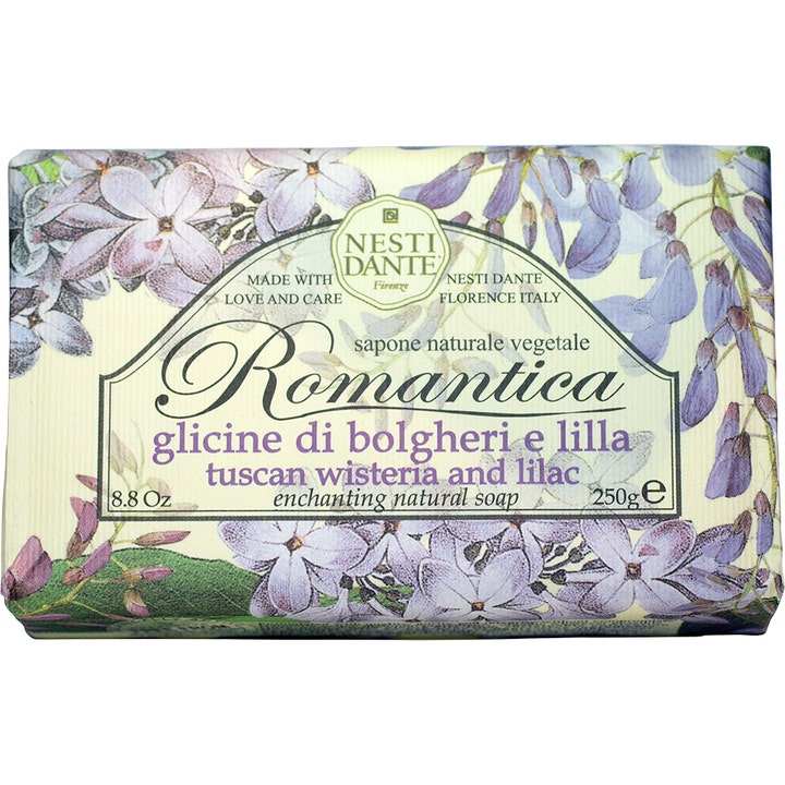 Nesti Dante Romantica Tuscan Wisteria and Lilac 250g pleiende fast såpe i papiremballasje med lilla blomstermotiv
