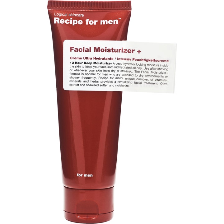 Recipe for men Facial Moisturizer + fuktighetsgivende ansiktskrem i mørkerød tube som gir huden intensiv pleie.