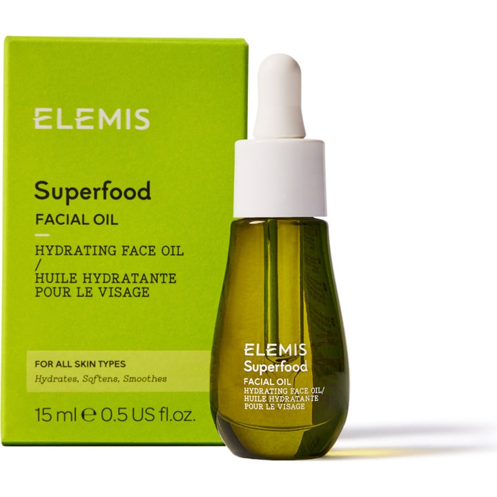 Elemis Superfood Facial Oil 15 ml fuktighetsgivende ansiktsolje i grønn glassflaske med hvit pipette og limegrønn eske