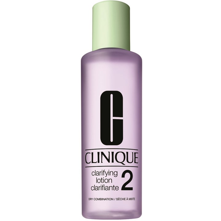 Clinique Clarifying Lotion 2 eksfolierende ansiktsvann for kombinasjonshud i lilla flaske med lysegrønn kork