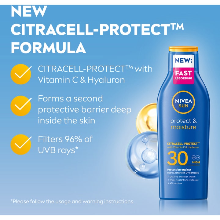 NIVEA Protect & Moisture Sun Lotion 200 ml solkrem med SPF 30 og hyaluron i blå flaske med rask absorbering