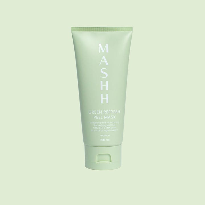 MASHH Green Refresh & Peel Mask 100 ml eksfolierende ansiktsmaske i lysegrønn tube med AHA, BHA, PHA og mentol
