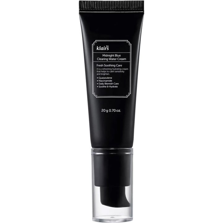 Klairs Midnight Blue Clearing Water Cream 20 g beroligende ansiktskrem i svart tube med gjennomsiktig kork og pumpe