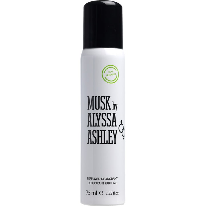 Alyssa Ashley Musk 75 ml parfymert deodorant gir velduftende beskyttelse i hvit sprayflaske med sort kork og grønt segl