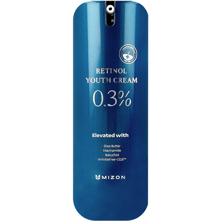 Mizon Retinol Youth Cream 0.3% fornyende ansiktskrem i en blå metallisk pumpeflaske som motvirker rynker.