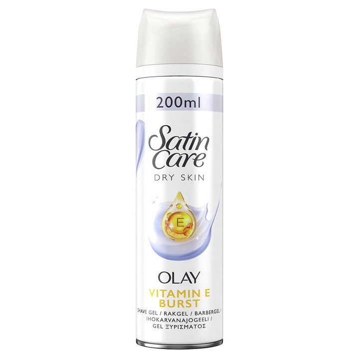 Gillette Satin Care Dry Skin 200 ml barbergel for tørr hud i hvit sprayflaske med gul vitamin E-dråpe