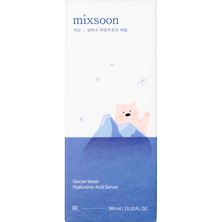 Mixsoon Glacier Water Hyaluronic Acid Serum 300 ml fuktserum i hvit og blå eske med isbjørnillustrasjon