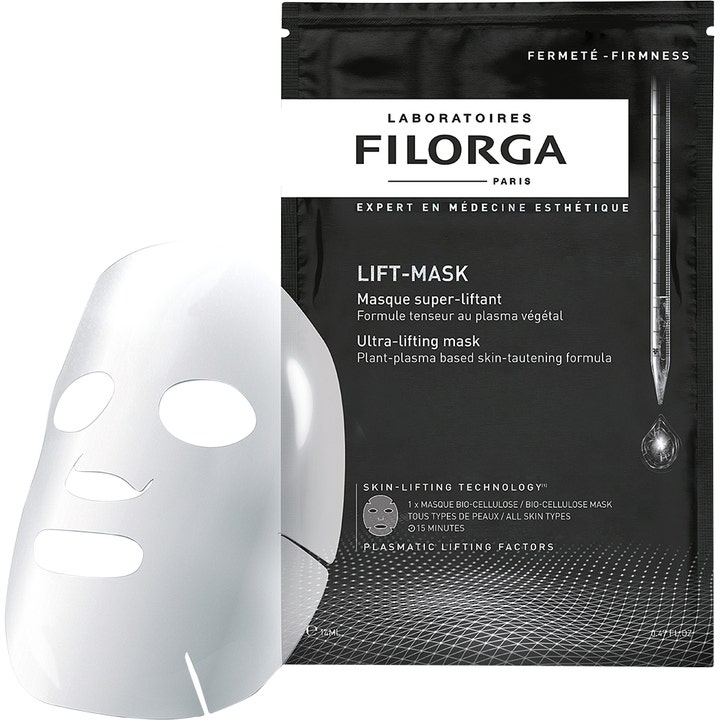 Filorga Lift-Mask 23 ml oppstrammende sheetmaske i hvit biocellulose vist med sort og hvit forpakning.