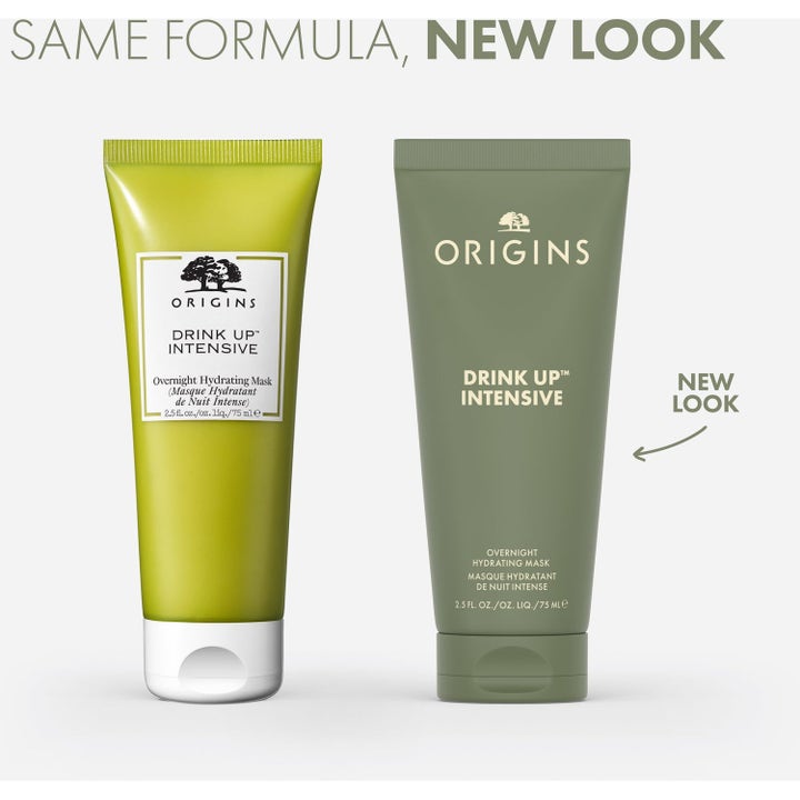 Origins Drink Up Intensive 75 ml fuktighetsgivende nattmaske i limegrønn og olivengrønn tube med ny look