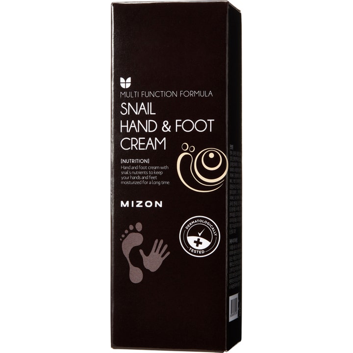Mizon Snail Hand & Foot Cream næringsgivende hånd- og fotkrem i mørkebrun eske med hvit tekst og snegleillustrasjon