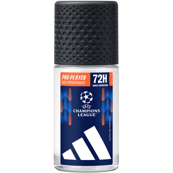 Adidas Pro Player UEFA Champions League antiperspirant roll-on mot svette i glassflaske med sort teksturert kork