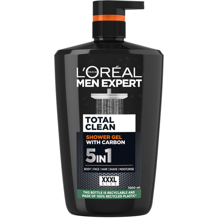 L'Oréal Men Expert Total Clean 1000 ml dusjgelé med karbon i stor svart plastflaske med praktisk pumpe