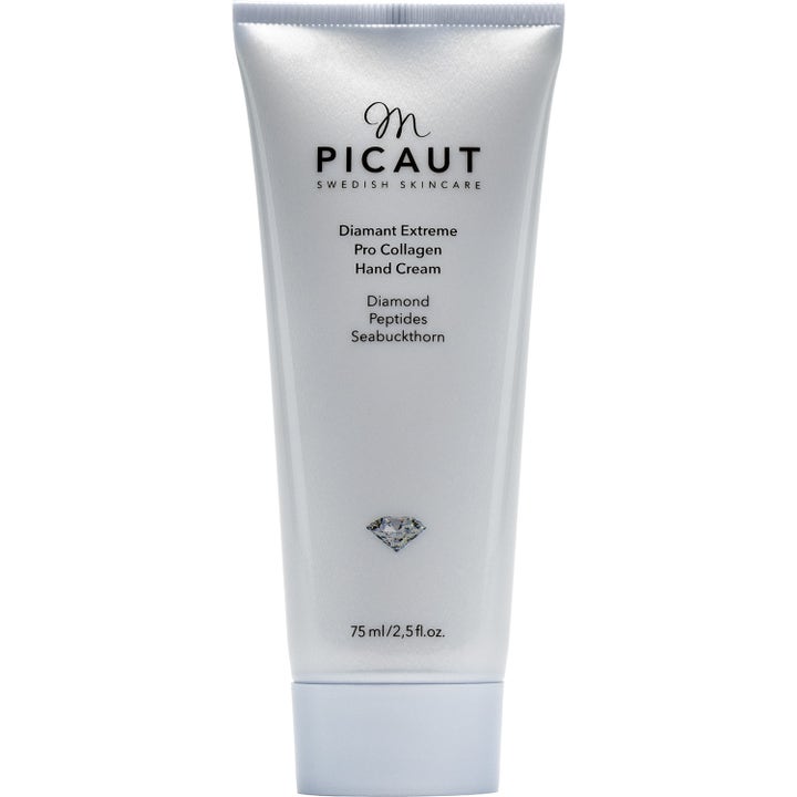 M. Picaut Diamant Extreme Pro Collagen Hand Cream 75 ml foryngende håndkrem i perlemorskimrende sølvfarget tube.