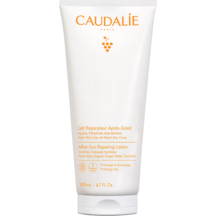 Caudalie After-Sun Repairing Lotion 200 ml beroligende after sun som gir fuktighet i hvit tube med oransje detaljer