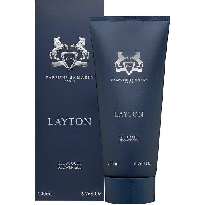 Parfums de Marly Layton 200 ml rengjørende dusjsåpe i mørkeblå tube og eske med sølvfarget logo