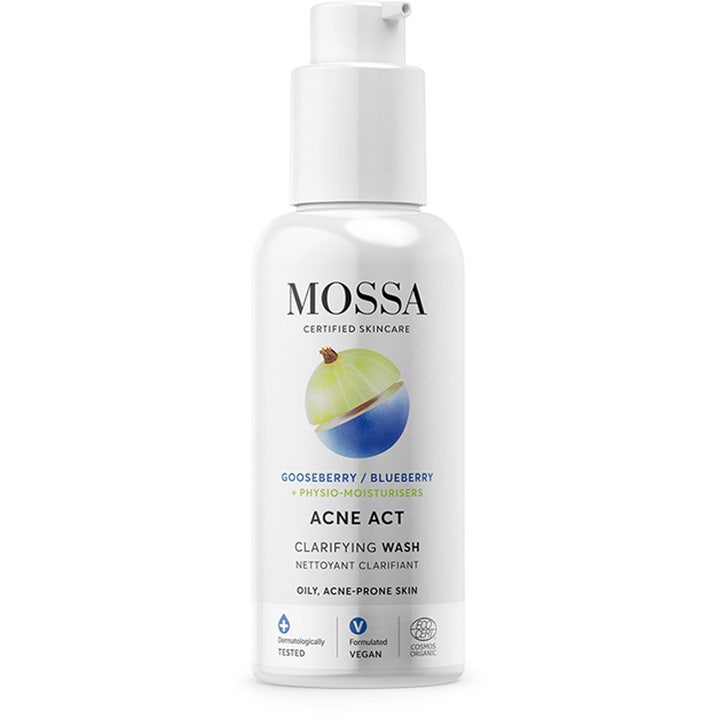 MOSSA Acne Act Clarifying Wash ansiktsvask mot urenheter i en hvit pumpeflaske prydet med bærillustrasjon