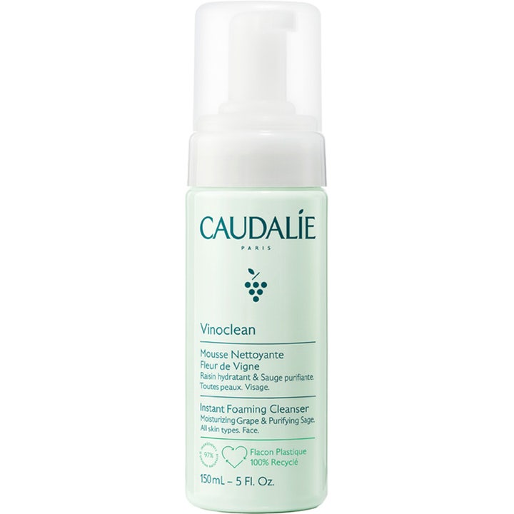 Caudalie Vinoclean Instant Foaming Cleanser 150ml fuktighetsgivende ansiktsrens i lysegrønn plastflaske med pumpe
