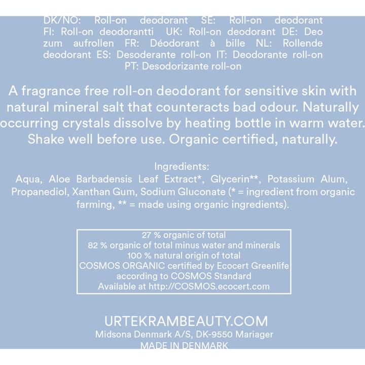 Urtekram Deodorant Fragrance Free 50 ml roll-on mot lukt med ingrediensliste på lyseblå bakgrunn