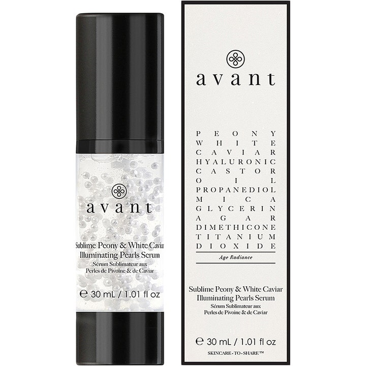 Avant Skincare Sublime Peony & White Caviar Illuminating Pearls Serum 30 ml glødgivende perleserum i glassflaske og eske