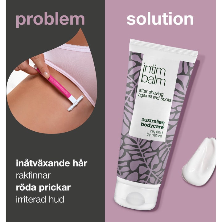 Australian Bodycare Intim Balm 100 ml mot røde nupper i hvit tube med lilla mønster ved siden av hvit kremtekstur.