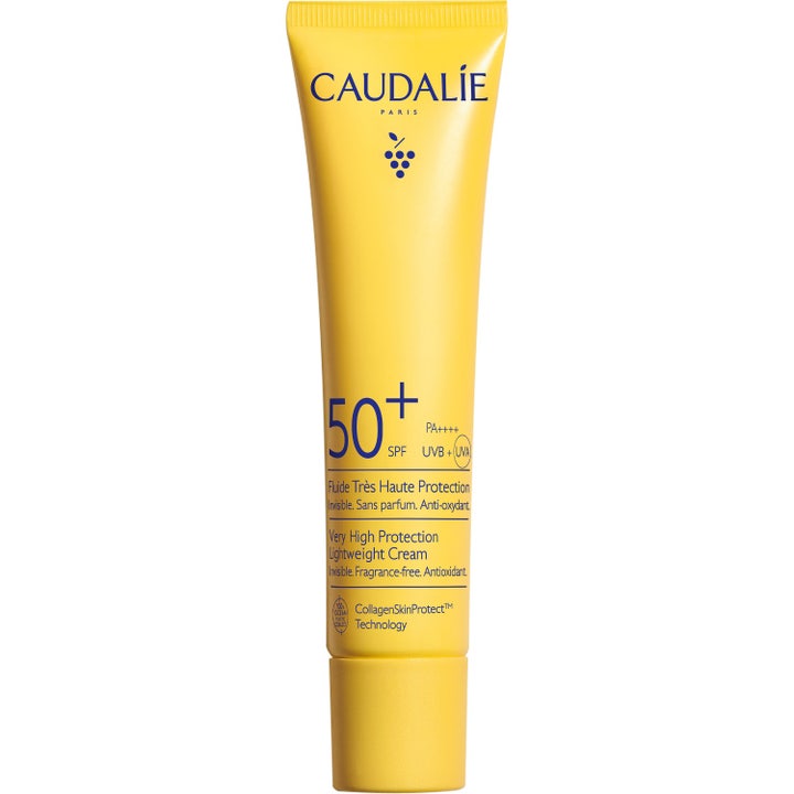 Caudalie Vinosun Ocean Protect SPF 50+ solkrem som gir høy beskyttelse i en gul tube med blå detaljer