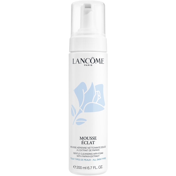 Lancôme Mousse Éclat 200 ml skånsom rensemousse med papayaekstrakt i hvit pumpeflaske med lyseblått rosemotiv