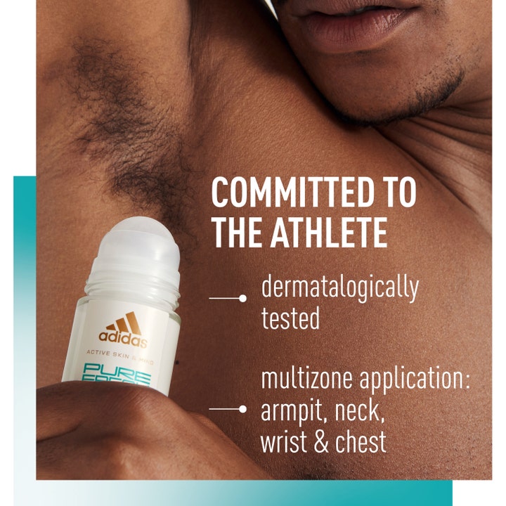 Adidas Skin & Mind Pure Fresh Roll-On 50 ml dermatologisk testet deodorant som viser multizone-påføring på kropp