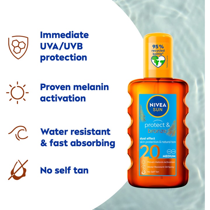 NIVEA Sun Protect & Bronze Oil 200 ml vannresistent sololje SPF 20 i oransje sprayflaske med melaninaktivering.