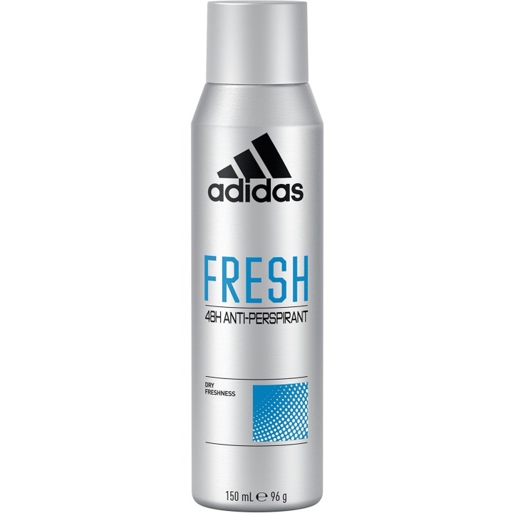 Adidas Fresh 48H Anti-Perspirant 150 ml gir tørrhet i en sølvfarget sprayboks med blå detaljer og svart logo